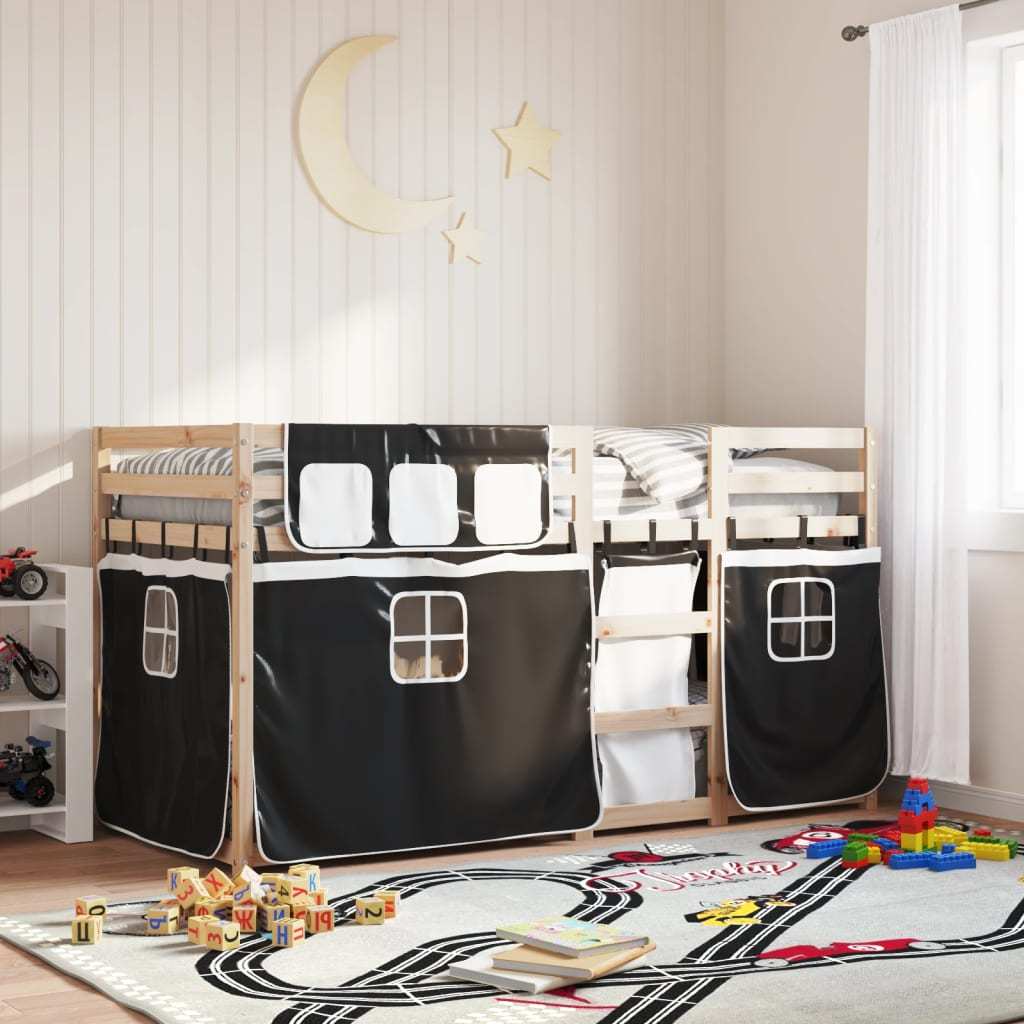 Bunk Bed with Curtains White Black 90x200 cm Pinewood