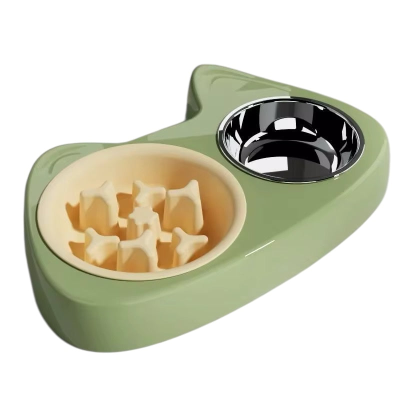 Dog Cat Double Pet Food Bowl Stainless Steel Slow Feeder